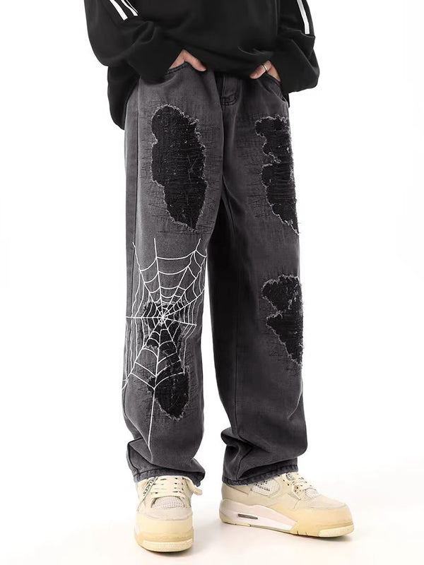 Men's Spider Web Embroidery Ripped Loose Jeans
