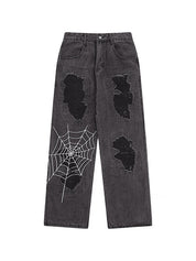 Men's Spider Web Embroidery Ripped Loose Jeans