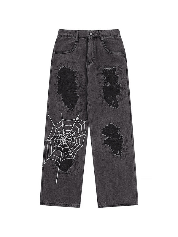 Men's Spider Web Embroidery Ripped Loose Jeans