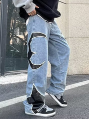 Men's Leather Embroidery Splice Loose Jeans