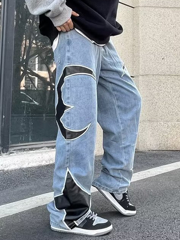 Men's Leather Embroidery Splice Loose Jeans