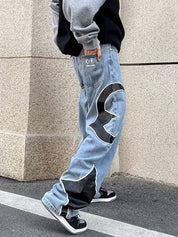 Men's Leather Embroidery Splice Loose Jeans