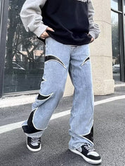 Men's Leather Embroidery Splice Loose Jeans