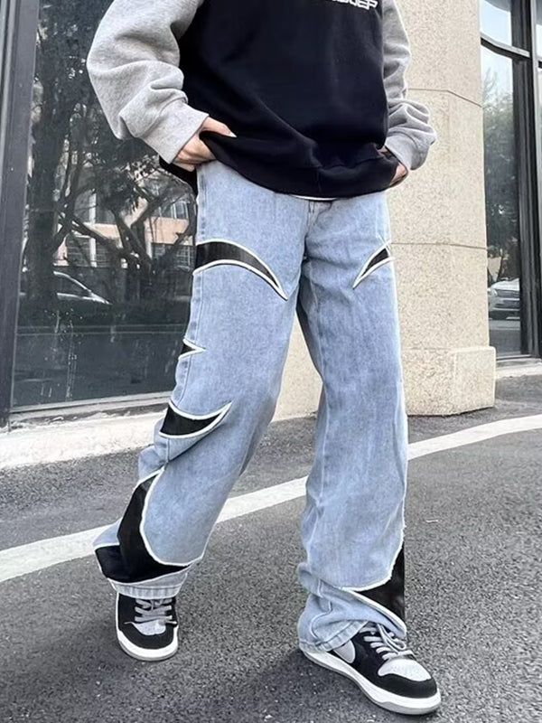 Men's Leather Embroidery Splice Loose Jeans