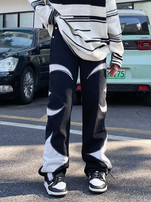Men's Leather Embroidery Splice Loose Jeans