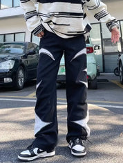Men's Leather Embroidery Splice Loose Jeans
