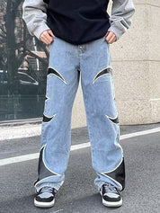 Men's Leather Embroidery Splice Loose Jeans