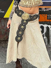 Round Hollow Metal Wide Leather Belt