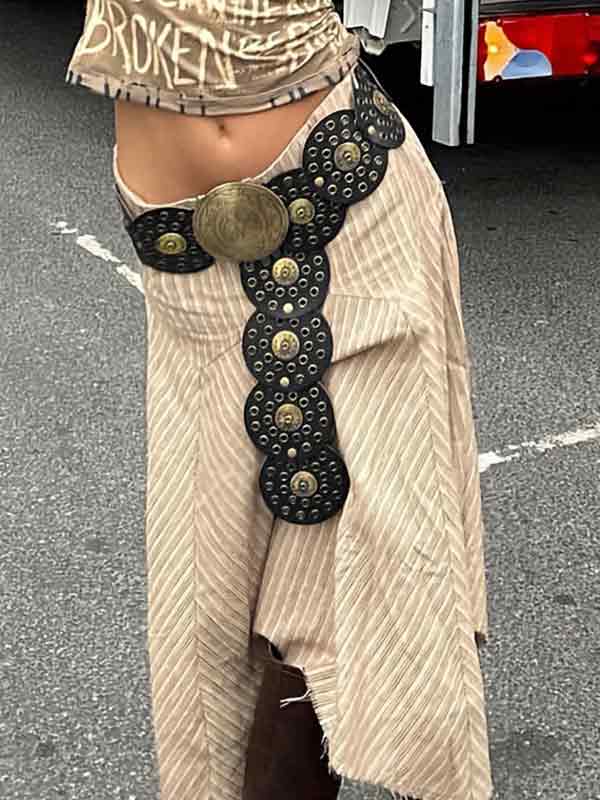 Round Hollow Metal Wide Leather Belt