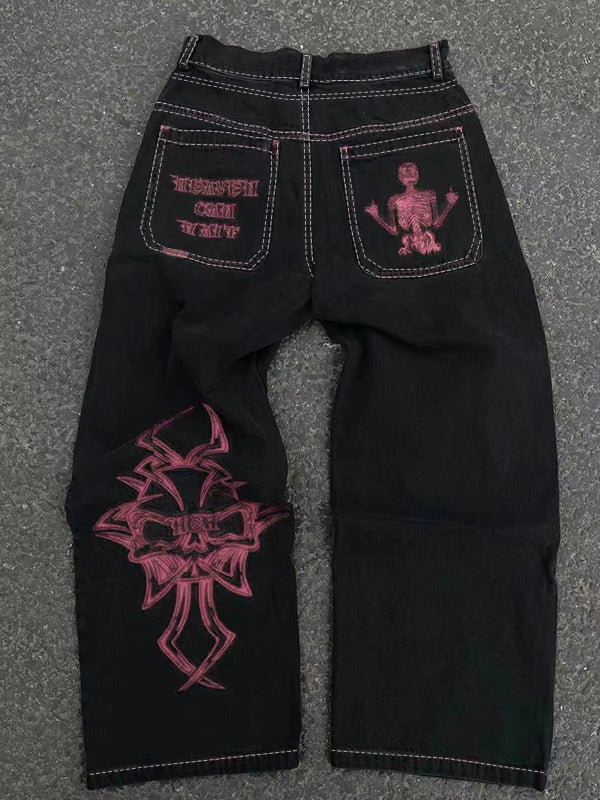 Fully Embroidered Skull Boyfriend Jeans