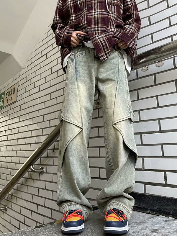 Straight Wide-Leg Design Cargo Jeans