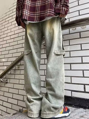 Straight Wide-Leg Design Cargo Jeans