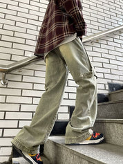Straight Wide-Leg Design Cargo Jeans