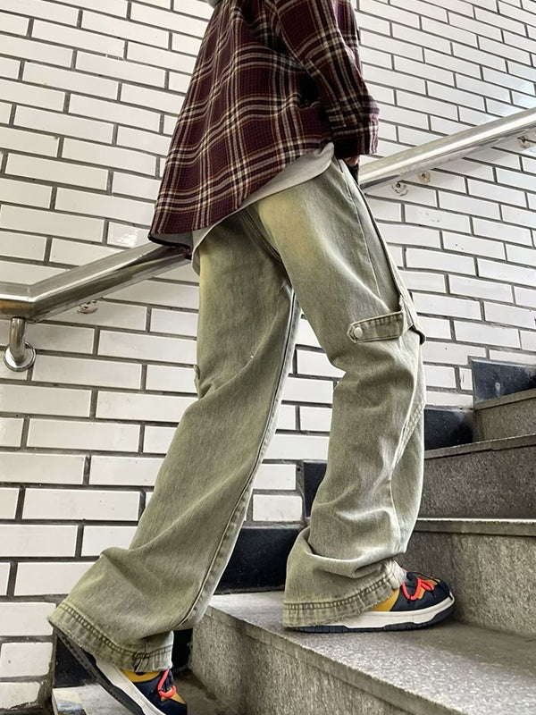 Straight Wide-Leg Design Cargo Jeans