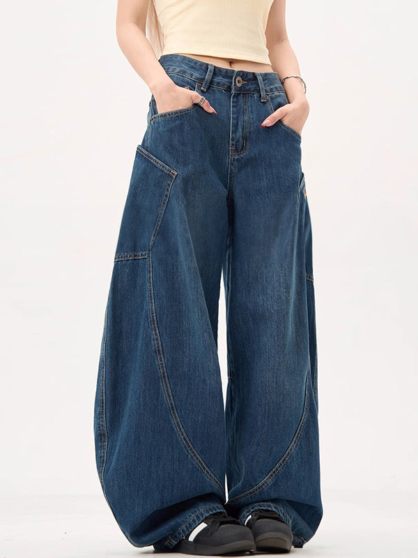 Large Pocket Wide Scimitar Boyfriend Jeans