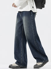 American Trendy Semi-Elastic Waist Loose Jeans