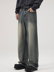 American Retro Heavy Industry Washed Bamboo Pattern Loose Jeans