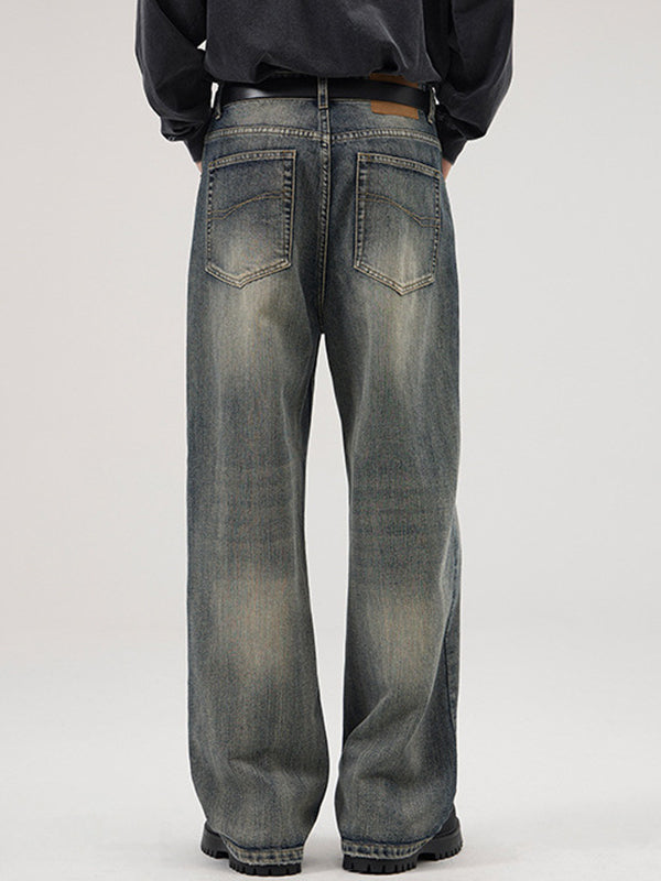 American Retro Heavy Industry Washed Bamboo Pattern Loose Jeans