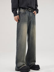 American Retro Heavy Industry Washed Bamboo Pattern Loose Jeans