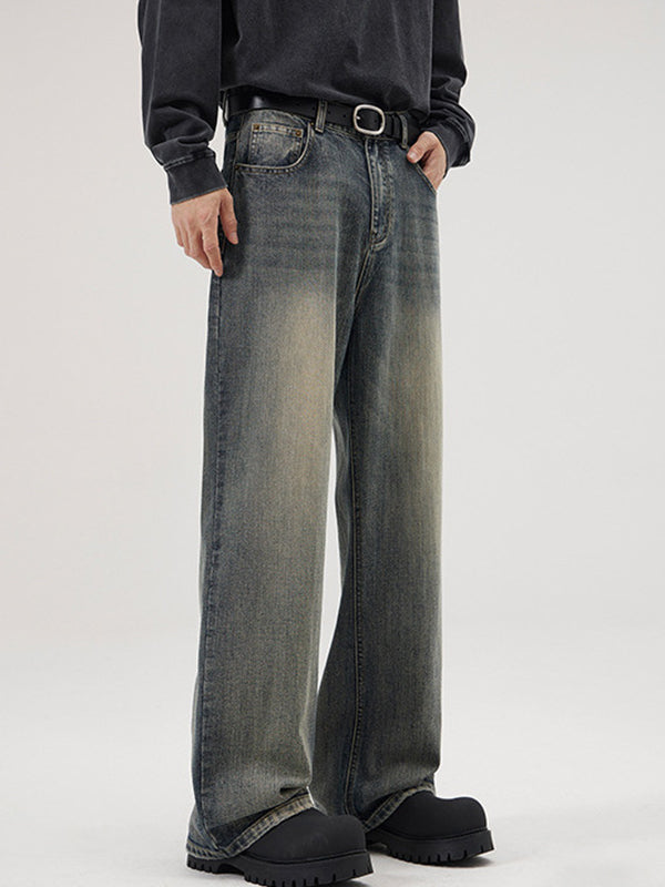 American Retro Heavy Industry Washed Bamboo Pattern Loose Jeans