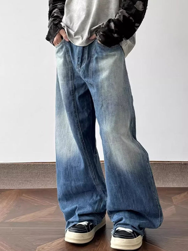 American Retro Washed Lightning Pattern Loose Jeans