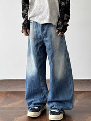 American Retro Washed Lightning Pattern Loose Jeans