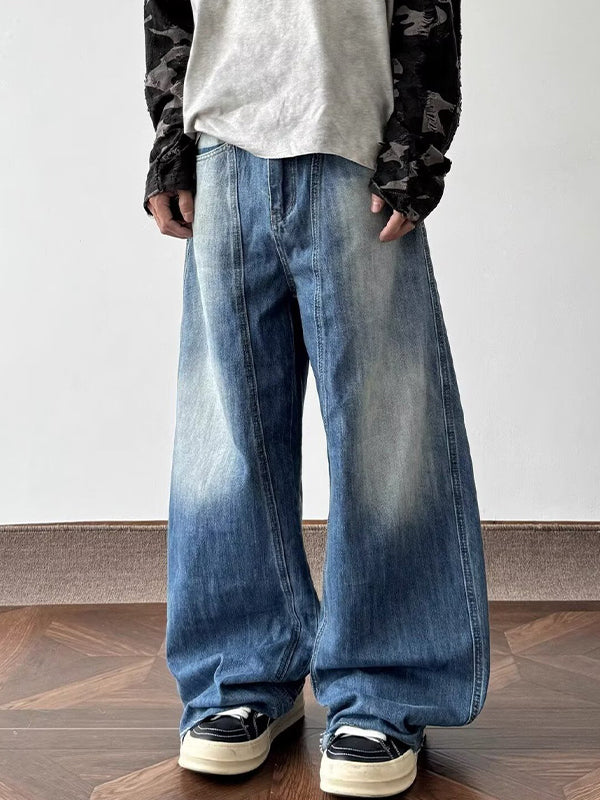 American Retro Washed Lightning Pattern Loose Jeans
