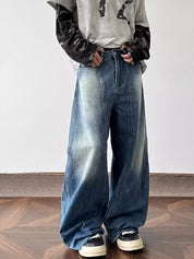 American Retro Washed Lightning Pattern Loose Jeans