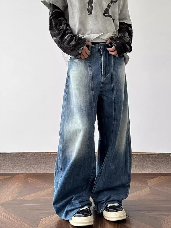 American Retro Washed Lightning Pattern Loose Jeans