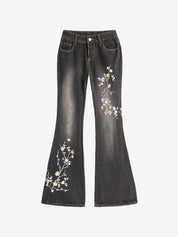 Floral Embroidery Slim Fit Flare Jeans