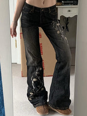 Floral Embroidery Slim Fit Flare Jeans