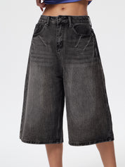 Lightning Print Loose Denim Shorts