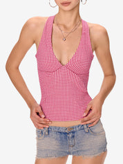 Clashing Colours Hanging Neck Lace Up Halter Vest