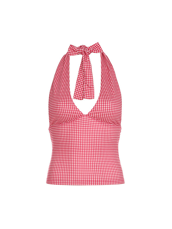 Clashing Colours Hanging Neck Lace Up Halter Vest
