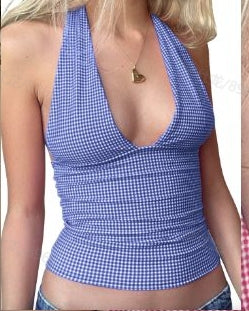 Clashing Colours Hanging Neck Lace Up Halter Vest