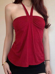 Lace-Up Pleated Bust Halter Vest