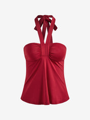 Lace-Up Pleated Bust Halter Vest