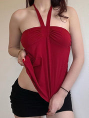 Lace-Up Pleated Bust Halter Vest