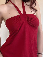 Lace-Up Pleated Bust Halter Vest