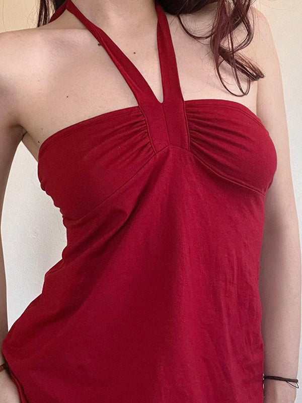 Lace-Up Pleated Bust Halter Vest