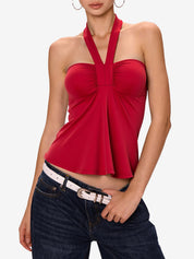 Lace-Up Pleated Bust Halter Vest