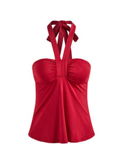 Lace-Up Pleated Bust Halter Vest