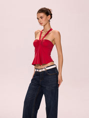 Lace-Up Pleated Bust Halter Vest