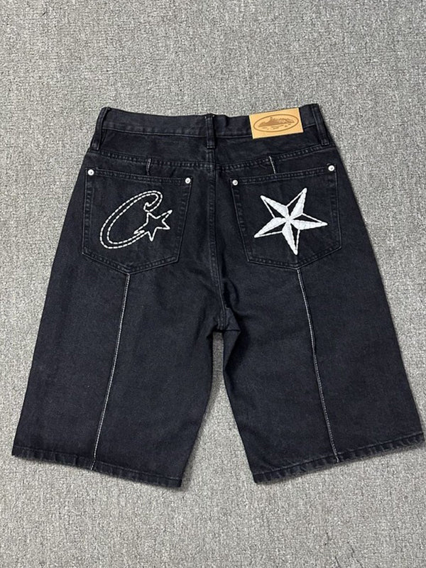 Alcatraz Star Embroidery Denim Shorts
