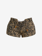 Washed Leopard Print Straps Denim Shorts