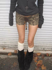 Washed Leopard Print Straps Denim Shorts