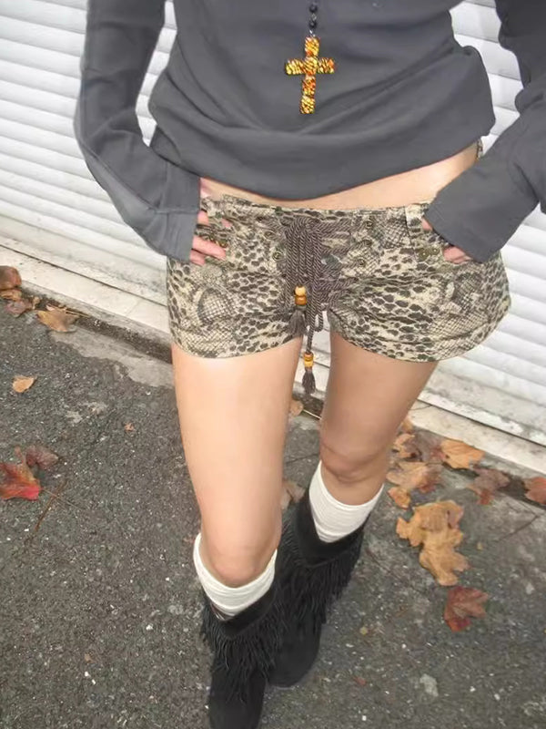 Washed Leopard Print Straps Denim Shorts