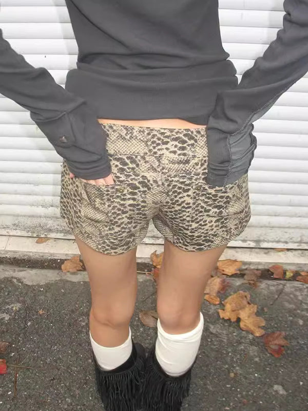 Washed Leopard Print Straps Denim Shorts