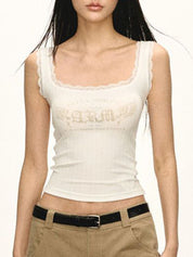 Lace Trimmed Square Neckline Tank Top