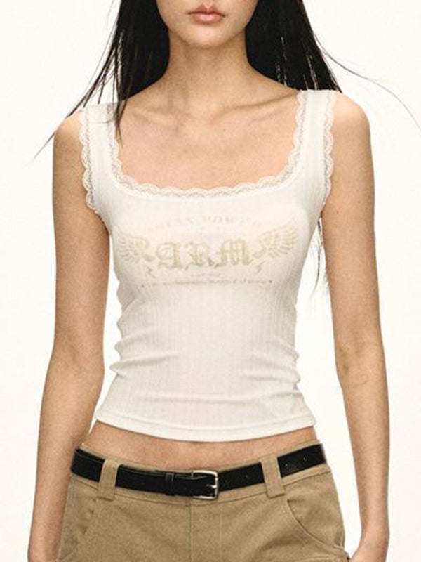 Lace Trimmed Square Neckline Tank Top